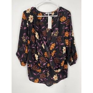 Three Dots Floral Print Wrap‎ V Neck 3/4 Sleeve Top Size S Black Orange Purple